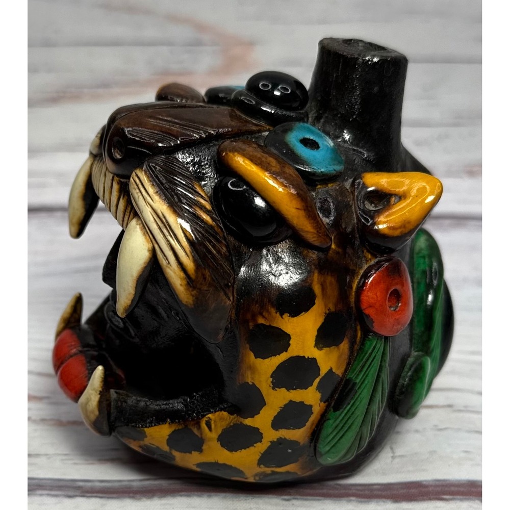 Mexican Folk Art Jaguar Death Whistle Aztec Mayan Style Hand Painted Clay Decor